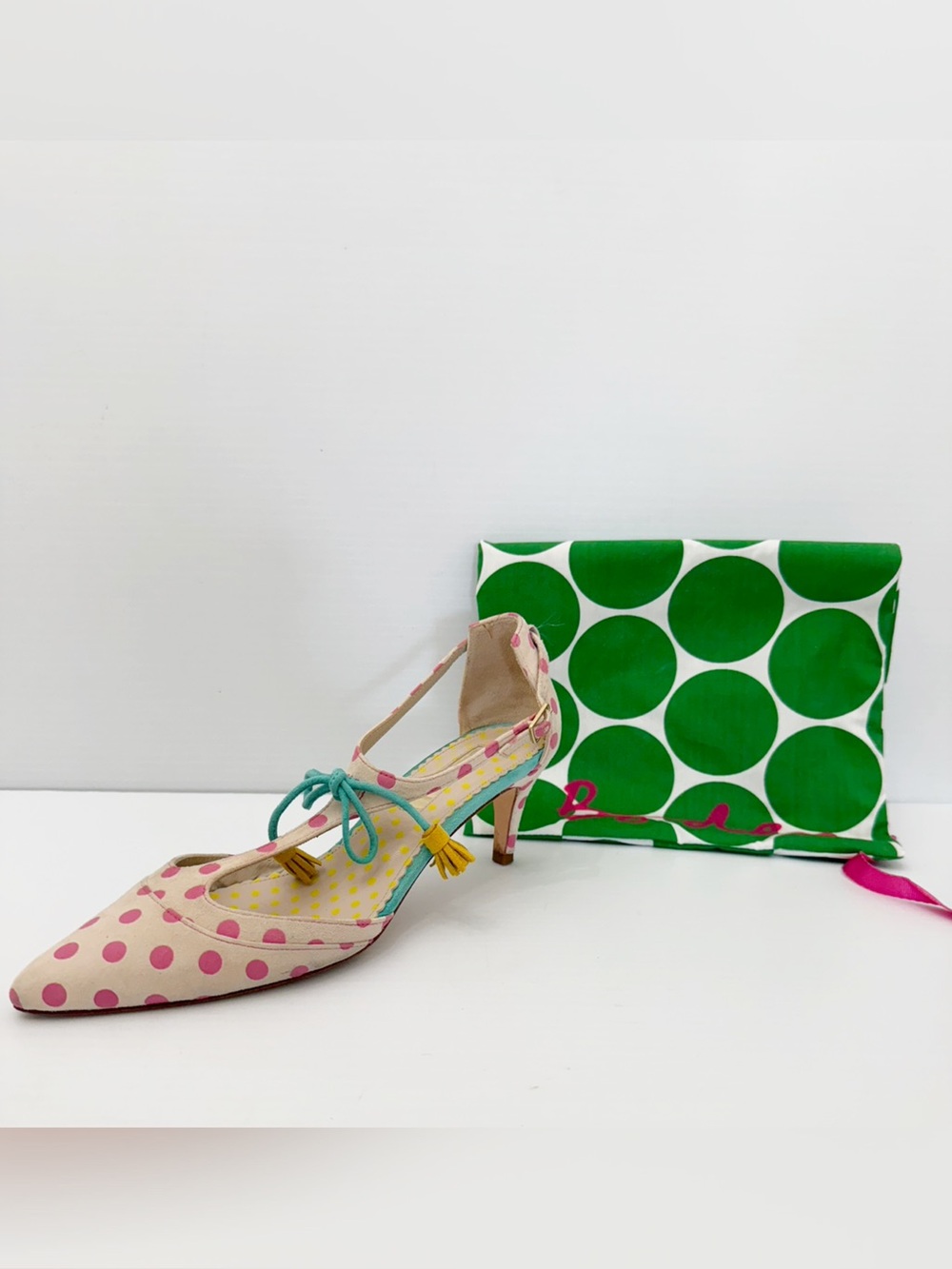 Boden Pink Polka Dot Pointed Toe Heels with Teal Laces
